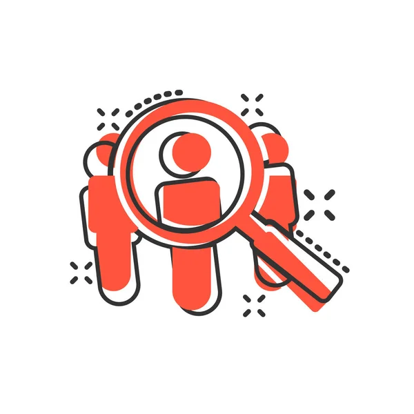 Search job vacancy icon in comic style. Loupe career vector cart