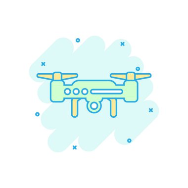 Komik tarzda drone quadrocopter simgesi. Quadcopter kamera vektör