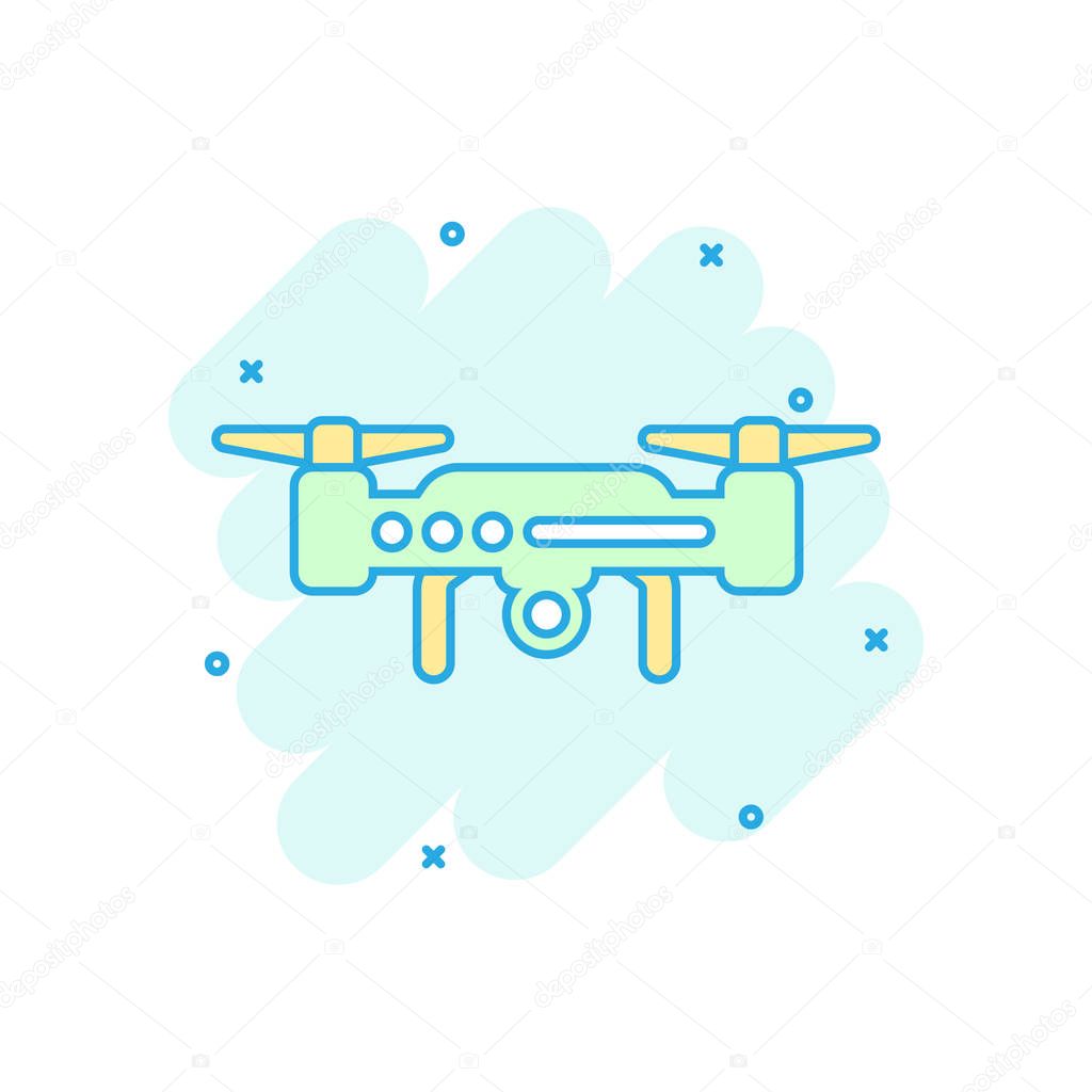 Drone quadrocopter icon in comic style. Quadcopter camera vector
