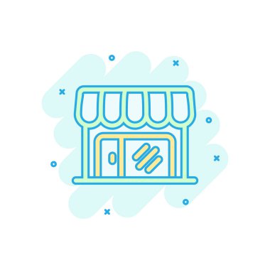 Komik tarzında bakkal simgesi. Dükkan oluşturma vektör karikatür 