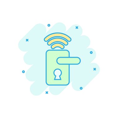 Komik tarzda kablosuz kapı kilit işareti simgesi. Akıllı ev vektör c