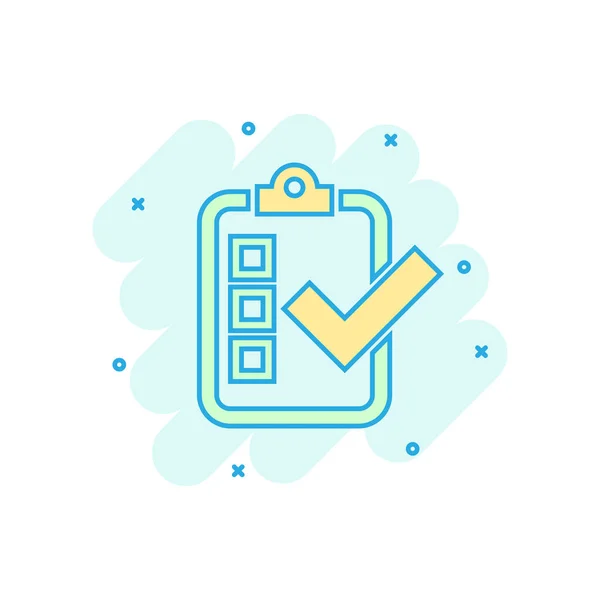 Ícone de sinal do documento da lista de verificação em estilo cômico. Inquérito vector carto —  Vetores de Stock