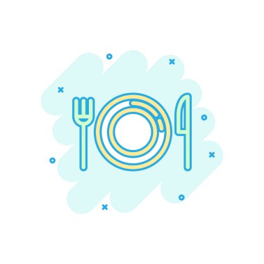 Komik tarzda çatal, bıçak ve plaka simgesi. Restoran vektör araba