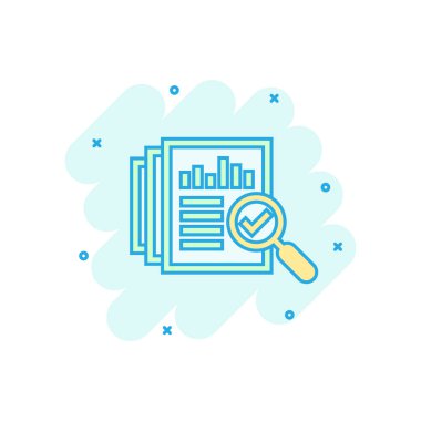 Belge simgesini komik tarzda denetleyin. Sonuç raporu vektör karikatür