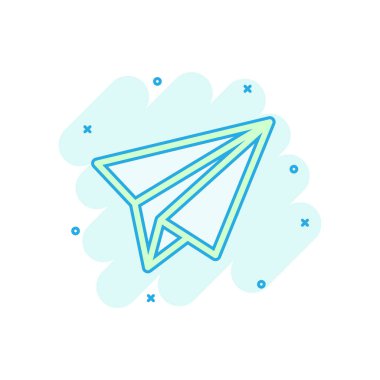 Komik tarzı kağıt uçak simgesi. Düzlem vektör karikatür illustr