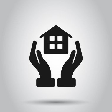 Düz tarzda evde bakım simgesi. El tutun ev vektör illustratio