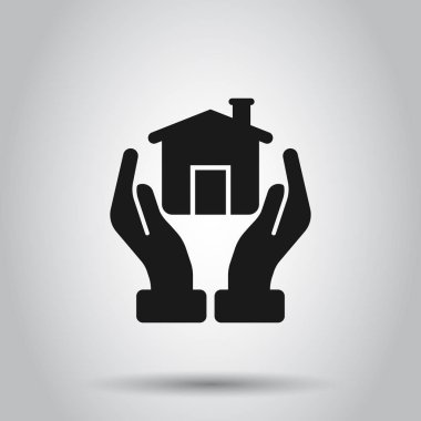 Düz tarzda evde bakım simgesi. El tutun ev vektör illustratio