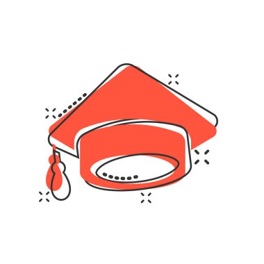 Çizgi roman tarzında mezuniyet kapağı simgesi. Eğitim şapka vektör karikatür