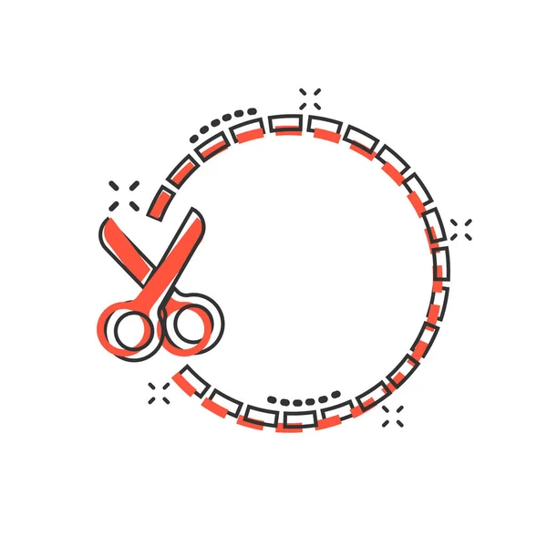 Coupon cut lines icon in comic style. Scissors snip vector carto — Stock Vector