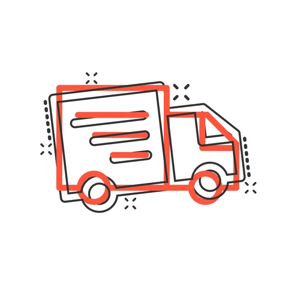 Consegna camion segno icona in stile comico. Van vettore cartone animato illu — Vettoriale Stock
