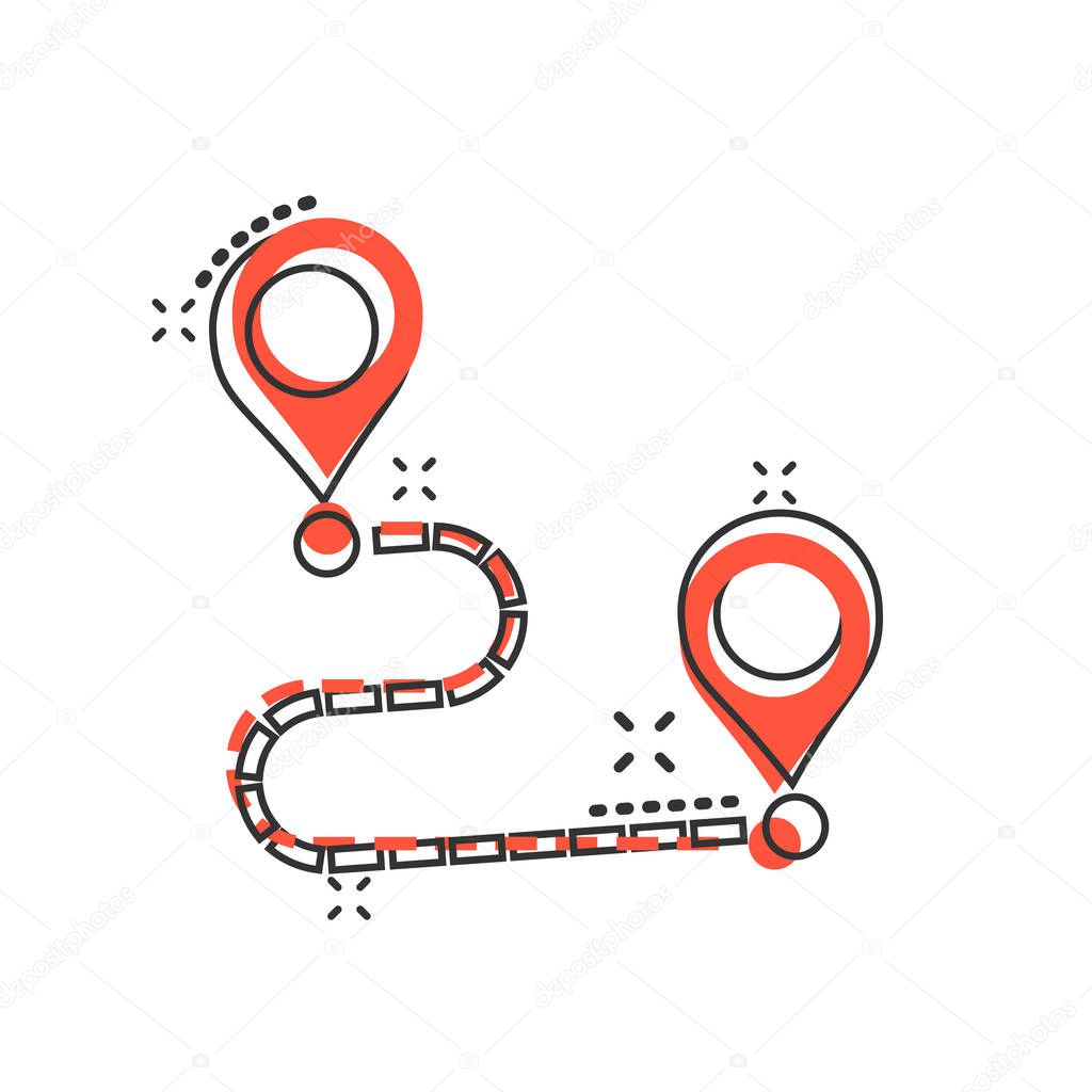 Move location icon in comic style. Pin gps vector cartoon illust