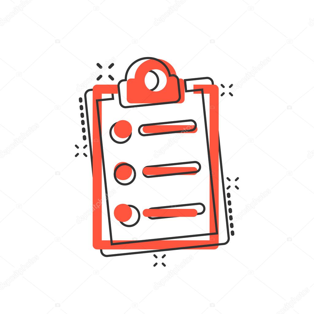 Checklist document sign icon in comic style. Survey vector carto