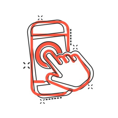 Komik tarzda el dokunmatik akıllı telefon simgesi. Telefon parmak vektör c