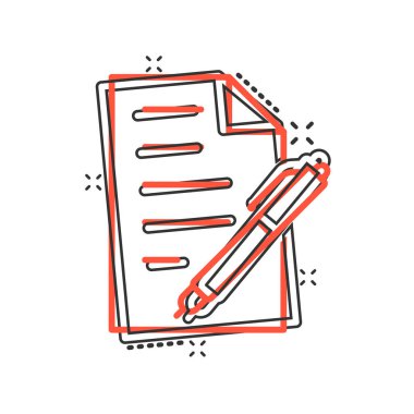 Çizgi roman stilinde kalem simgesi olan belge. Not defteri vektör karikatür il