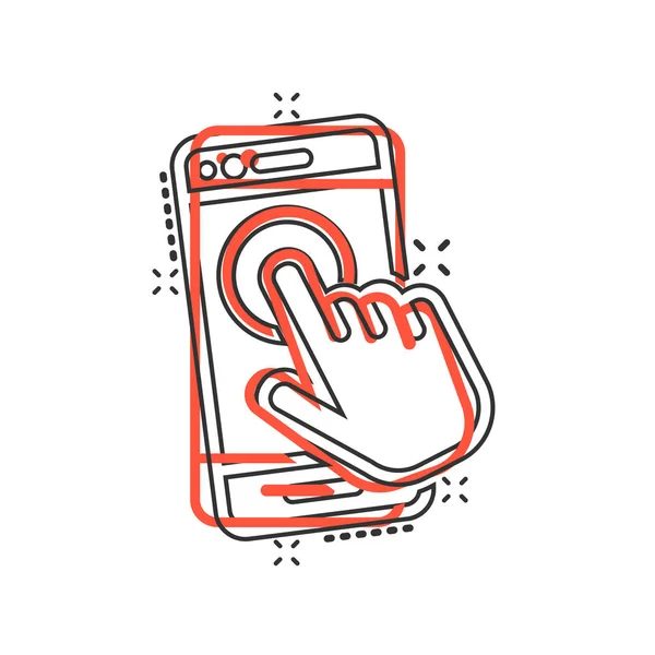 Mano toque icono del teléfono inteligente en estilo cómico. Teléfono dedo vector c — Archivo Imágenes Vectoriales