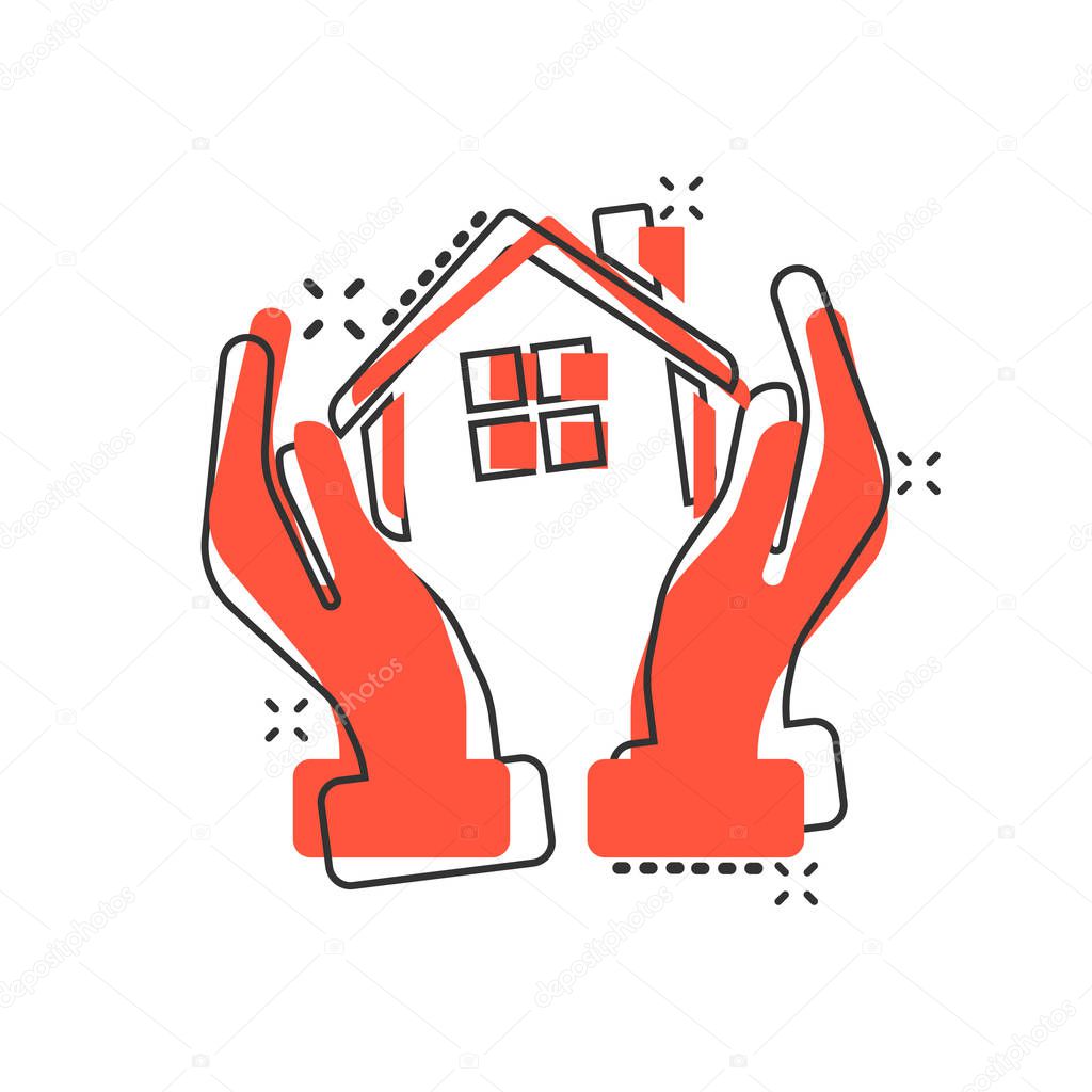 Home care icon in comic style. Hand hold house vector cartoon il