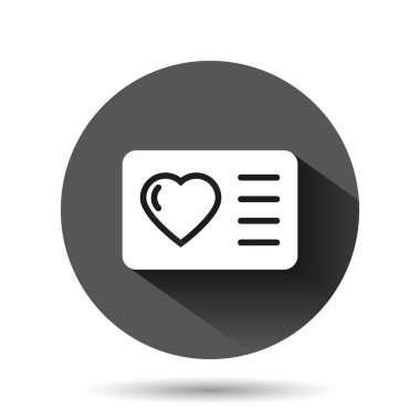 Sadakat kartı simgesi düz stil. Siyah yuvarlak arka planda uzun gölge efektli ödül vektör illüstrasyonu. İndirim çemberi iş konsepti.