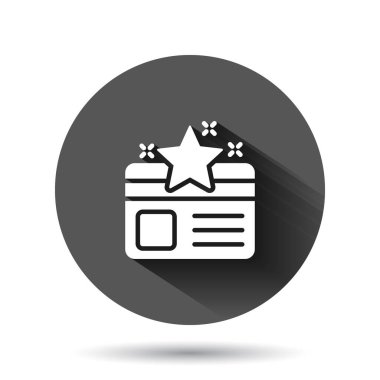 Sadakat kartı simgesi düz stil. Siyah yuvarlak arka planda uzun gölge efektli ödül vektör illüstrasyonu. İndirim çemberi iş konsepti.