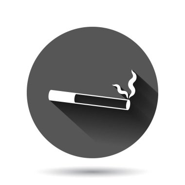 Düz bir sigara ikonu. Siyah yuvarlak arka planda uzun gölge efektli duman vektör çizimi. Nikotin çemberi iş konsepti.