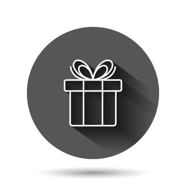 Düz stil hediye kutusu simgesi. Siyah yuvarlak arka planda uzun gölge efektli mevcut paket vektör illüstrasyonu. Sürpriz daire iş konsepti.