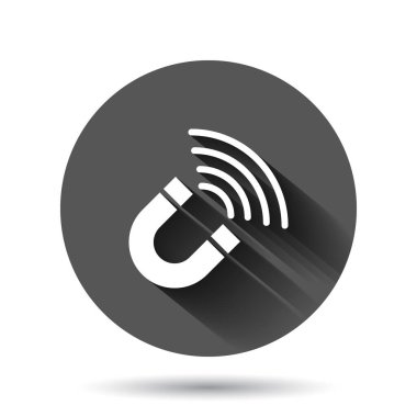 Mıknatıs simgesi düz stil. Siyah yuvarlak arka planda uzun gölge efektli vektör illüstrasyonunu çek. Elektromanyetik daire düğmesi iş konsepti.