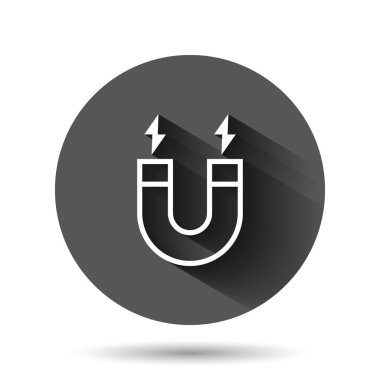 Mıknatıs simgesi düz stil. Siyah yuvarlak arka planda uzun gölge efektli vektör illüstrasyonunu çek. Elektromanyetik daire düğmesi iş konsepti.