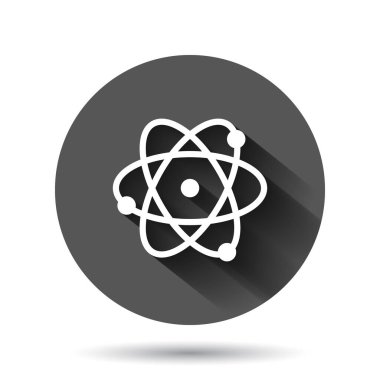 Düz bir bilim simgesi. Siyah yuvarlak arka planda uzun gölge efektli DNA hücre çizimi. Molekül evrimi düğmesi iş konsepti.