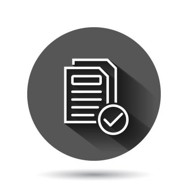 Düz biçimdeki belge simgesi. Siyah yuvarlak arka plandaki uzun gölge efektli vektör illüstrasyonunu rapor et. Kağıt sayfası daire düğmesi iş konsepti.