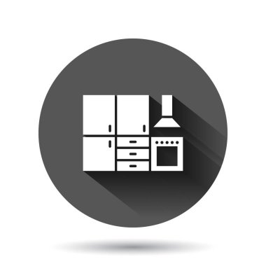 Mutfak mobilyaları düz stil. Siyah yuvarlak arka planda uzun gölge efektli mutfak vektör çizimi. Yemek odası daire düğmesi iş konsepti.