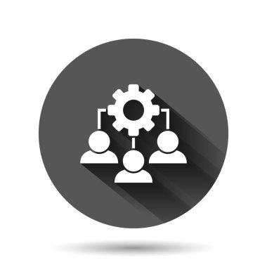 Düz stil iş eğitimi ikonu. İnsanların uzun gölge efektli siyah yuvarlak arkaplandaki çizimlerini gösteren bir vites. Çalışanların yönetim çember konsepti.