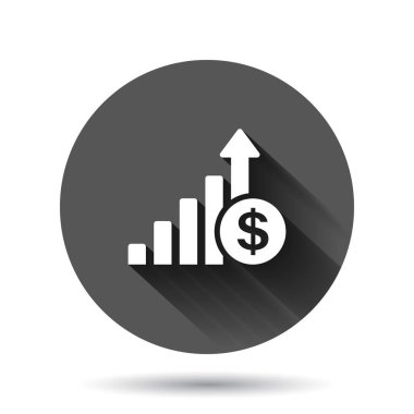 Düz biçimde büyüyen ok simgesi. Gelir vektör illüstrasyonunda siyah yuvarlak arka plan üzerinde uzun gölge etkisi. Çember düğmesi iş konseptini çoğalt.