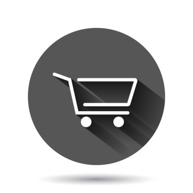 Alışveriş arabası ikonu düz stil. Siyah yuvarlak arka planda uzun gölge efektli Trolley vektör çizimi. Sepet dairesi iş konsepti.
