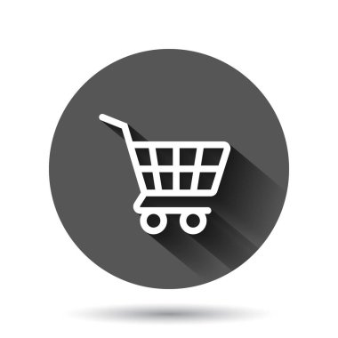 Alışveriş arabası ikonu düz stil. Siyah yuvarlak arka planda uzun gölge efektli Trolley vektör çizimi. Sepet dairesi iş konsepti.