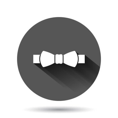 Papyon ikonunu düz bir şekilde bağla. Siyah yuvarlak arka planda uzun gölge efektli papyon vektör çizimi. Kelebek dairesi iş konsepti.