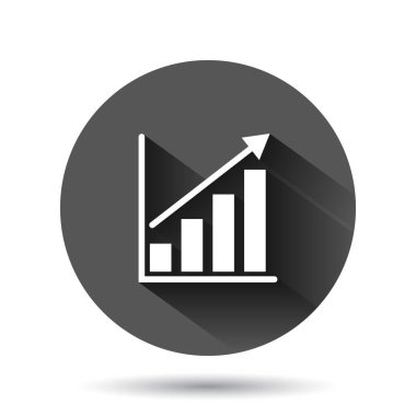 Grafik simgesi düz stil. Arrow uzun gölge efektli siyah yuvarlak arka planda vektör illüstrasyonunu büyütür. Analiz çemberi iş konsepti.