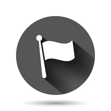 Düz stil bayrak simgesi. Siyah yuvarlak arka planda uzun gölge efektli iğne vektör çizimi. Bayrak direği daire iş konsepti.