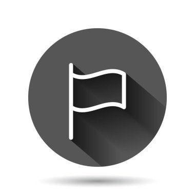 Düz stil bayrak simgesi. Siyah yuvarlak arka planda uzun gölge efektli iğne vektör çizimi. Bayrak direği daire iş konsepti.