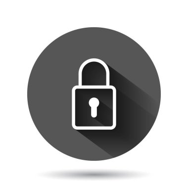 Düz stil asma kilit simgesi. Uzun gölge efektli siyah yuvarlak arkaplana vektör illüstrasyonunu kilitle. Özel daire iş konsepti.