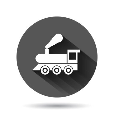 Metro ikonu düz stil. Siyah yuvarlak arka planda uzun gölge efektli tren metro vektör illüstrasyonu. Demiryolu kargo dairesi düğmesi iş konsepti.