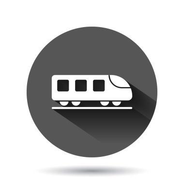 Metro ikonu düz stil. Siyah yuvarlak arka planda uzun gölge efektli tren metro vektör illüstrasyonu. Demiryolu kargo dairesi düğmesi iş konsepti.