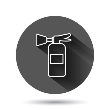 Söndürme simgesi düz bir şekilde. Siyah yuvarlak arka planda uzun gölge efektli ateş koruma vektörü çizimi. Acil durum çemberi iş konsepti.