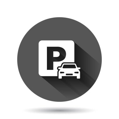 Düz bir şekilde araba park etme ikonu. Uzun gölge efektli siyah yuvarlak arka planda otomatik vektör çizimi. Yol Tasarımı Çember İş Konsepti.