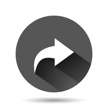 Düğme simgesini düz bir şekilde paylaş. Siyah yuvarlak arka planda uzun gölge efektli ok işareti çizimi. Dosya çemberi iş konseptini gönder.