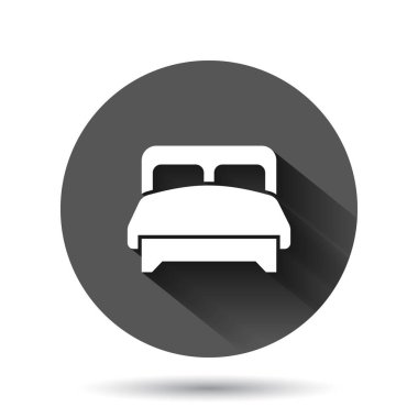 Yatak ikonu düz stil. Yatak odası uzun gölge efektli siyah yuvarlak arka planda vektör çizimi. Bedstead Çember İş Konsepti.