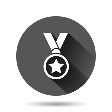 Düz stil madalya ikonu. Siyah yuvarlak arka planda uzun gölge efektli ödül işareti vektör çizimi. Ödül ödülü dairesi iş konsepti.