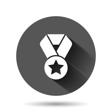 Düz stil madalya ikonu. Siyah yuvarlak arka planda uzun gölge efektli ödül işareti vektör çizimi. Ödül ödülü dairesi iş konsepti.