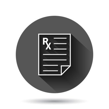 Reçete ikonu düz stil. Siyah yuvarlak arka planda uzun gölge efektli Rx belge vektör illüstrasyonu. Kağıt çemberi iş konsepti.