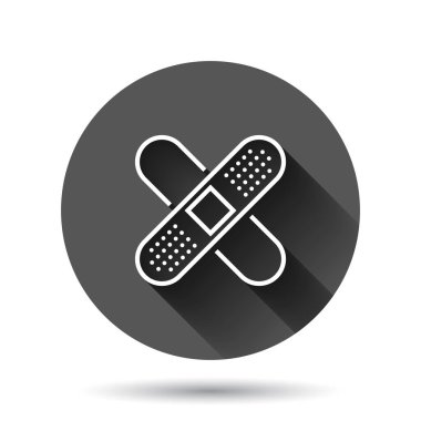 Bandaj simgesi düz stil. Siyah yuvarlak arka planda uzun gölge efektli alçı vektör çizimi. İlk yardım çantası daire iş konsepti.