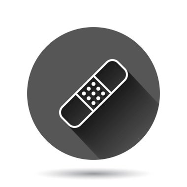 Bandaj simgesi düz stil. Siyah yuvarlak arka planda uzun gölge efektli alçı vektör çizimi. İlk yardım çantası daire iş konsepti.