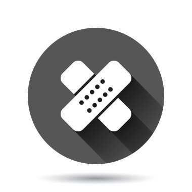 Bandaj simgesi düz stil. Siyah yuvarlak arka planda uzun gölge efektli alçı vektör çizimi. İlk yardım çantası daire iş konsepti.